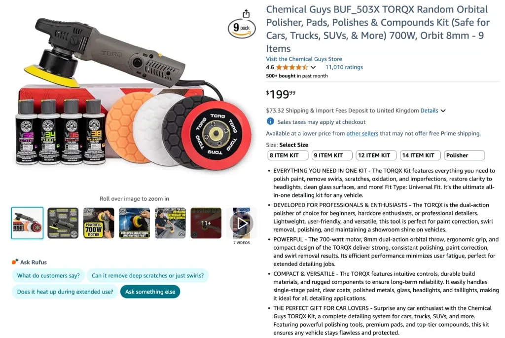 Amazon screenshot of Chemical Guys BUF_503X TORQX Random Orbital Polisher