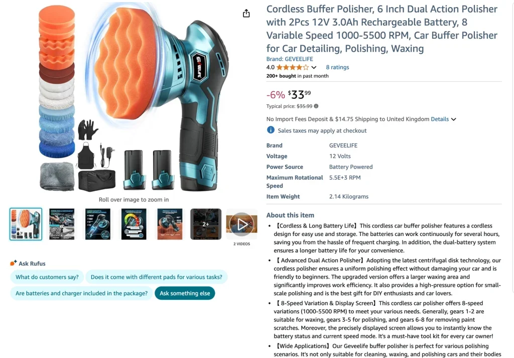 Amazon screenshot of Cordless Buffer Polisher, 6 inch dual action polisher
