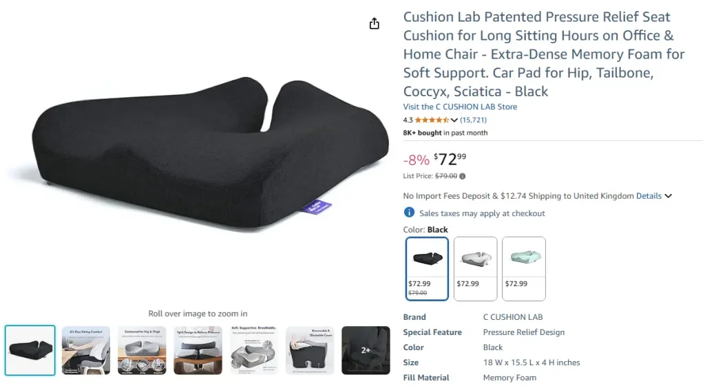Amazon screenshot of Cushion Lab Patented Pressure Relief Seat Cushion