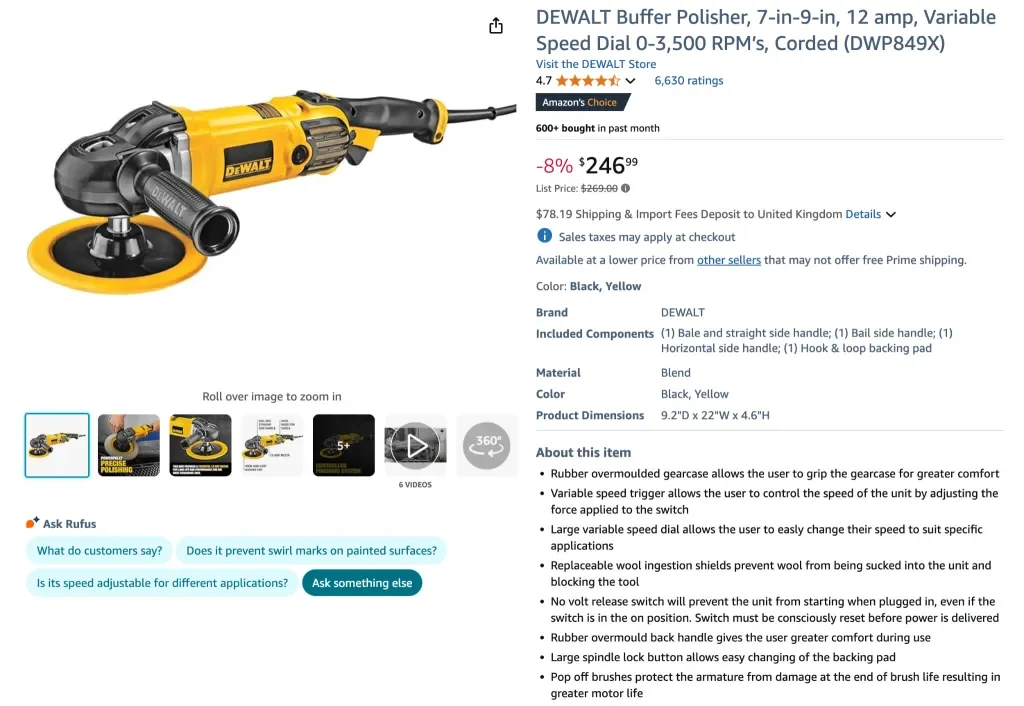 Amazon screenshot of DEWALT Buffer Polisher, 7-inch-9-inch, 12 amp, variable speed