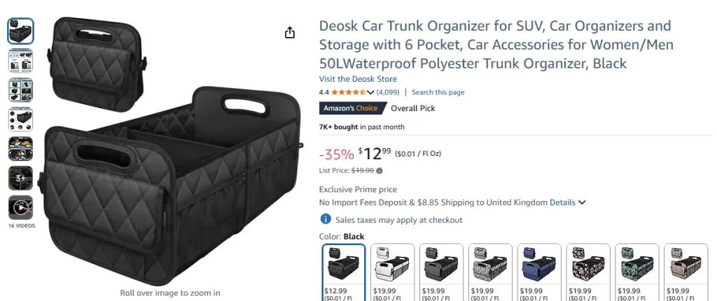 Amazon screenshot of Deosk Car Trunk Organizer – Waterproof, 2 Compartments
