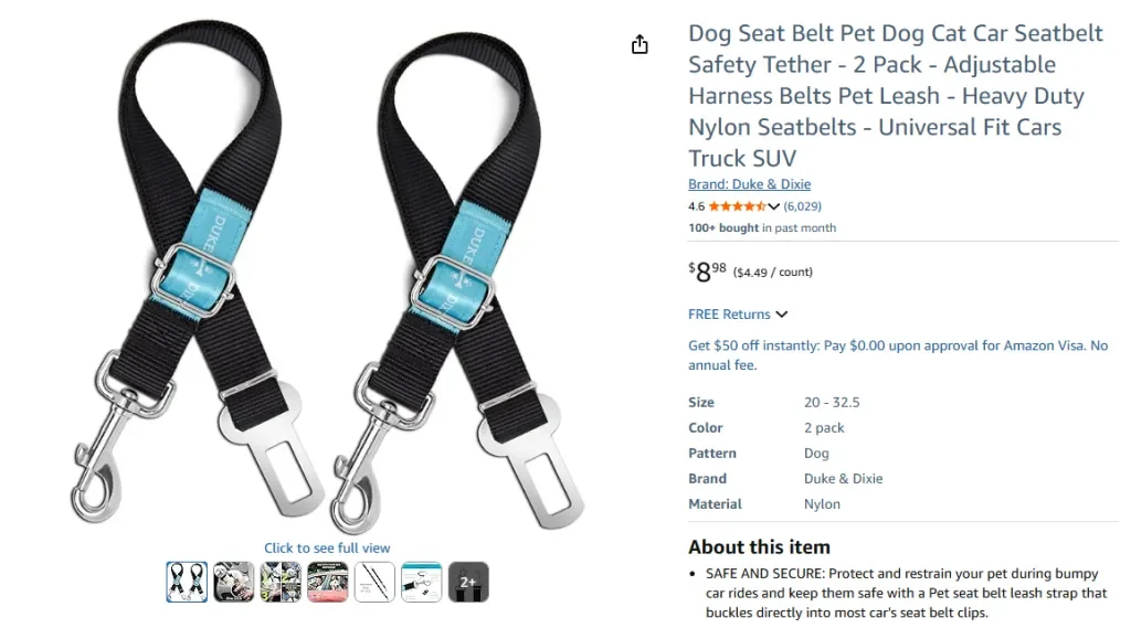 Amazon screenshot of Dog Seat Belt Pet Dog Cat Car Seatbelt Safety Tether