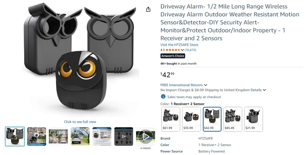 Amazon screenshot of Driveway Alarm – 12 Mile Long Range Wireless Motion Sensor by HTZSAFE