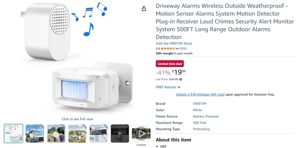 Скриншот Amazon: беспроводная уличная сигнализация Driveway Alarms, устойчивая к погодным условиям – датчик движения FREETIM с подключаемым приёмником