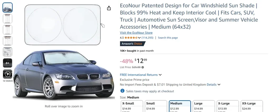 Amazon screenshot of EcoNour Car Windshield Sunshade – Patented Reflective Design