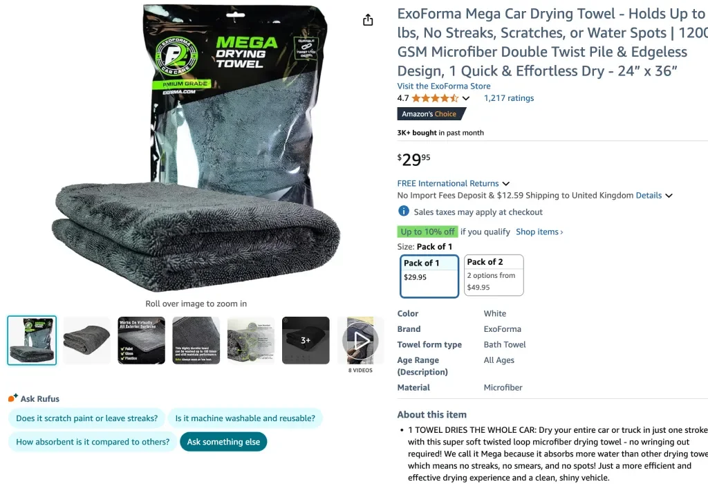 Amazon screenshot of Exoforma mega car drying towel