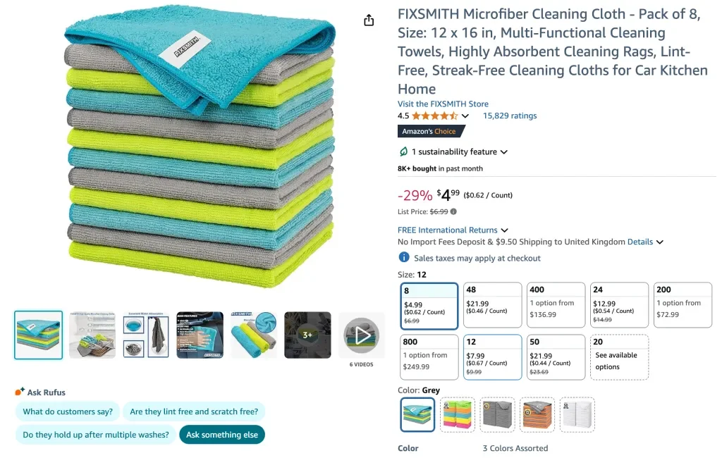 Amazon screenshot of FIXSMITH microfiber cleaning cloth - pack of 8