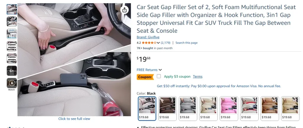 Amazon screenshot of Givifive Car Seat Gap Filler Set of 2