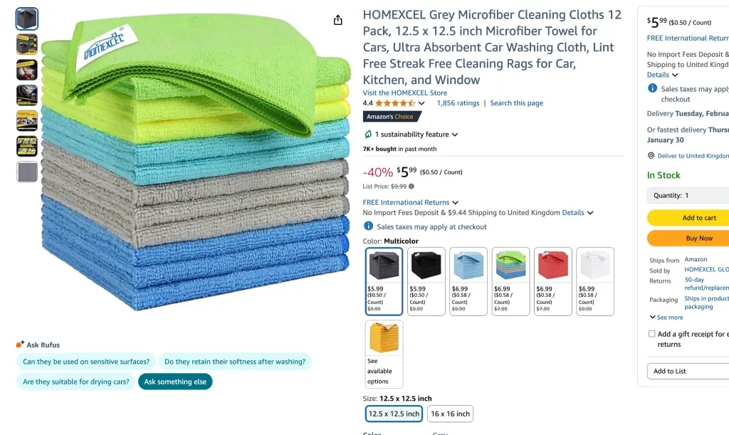 Amazon screenshot of HOMEXCEL grey microfiber cleaning cloths 12 pack