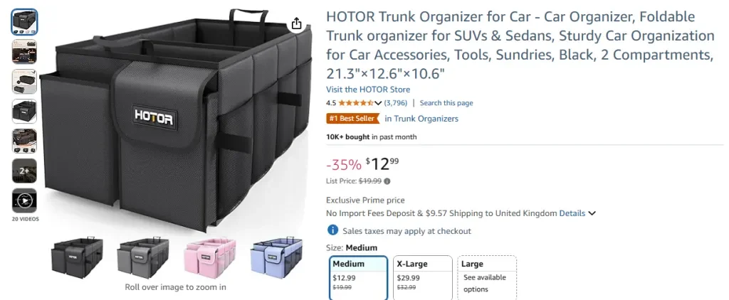 Amazon screenshot of HOTOR Trunk Organizer – Foldable, 2 Compartments