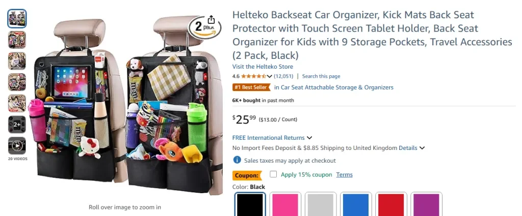 Amazon screenshot of Helteko Backseat Car Organizer