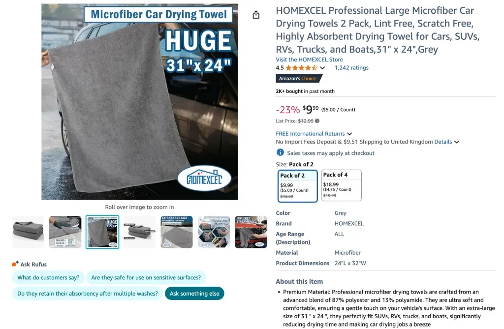 Amazon screenshot of Homexcel professional large microfiber car drying towels