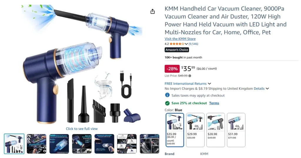 Amazon screenshot of KMM Handheld Car Vacuum Cleaner, 9000Pa with LED Light and Multi-Nozzles