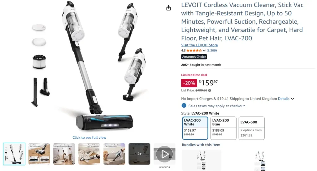 Скриншот Amazon: беспроводной пылесос LEVOIT LVAC-200 – устойчив к спутыванию, работает 50 минут, лёгкий