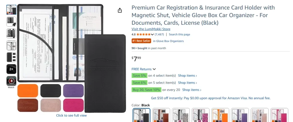Amazon screenshot of LumiMokki Premium Car Registration & Insurance Card Holder