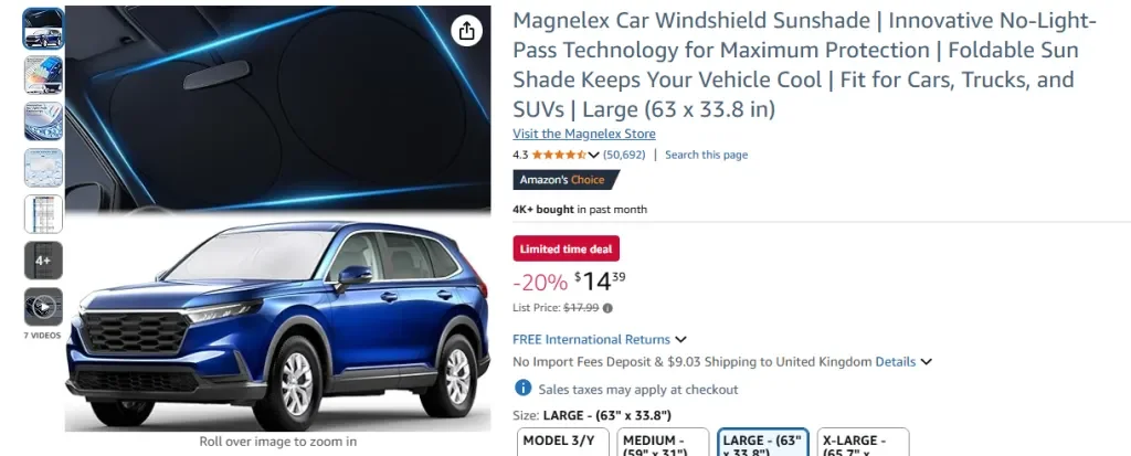 Amazon screenshot of Magnelex Car Windshield Sunshade with Steering Wheel Cover