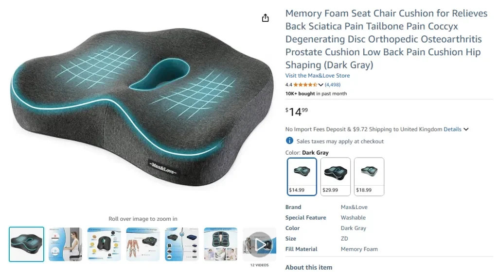 Amazon screenshot of Max&Love Memory Foam Seat Chair Cushion