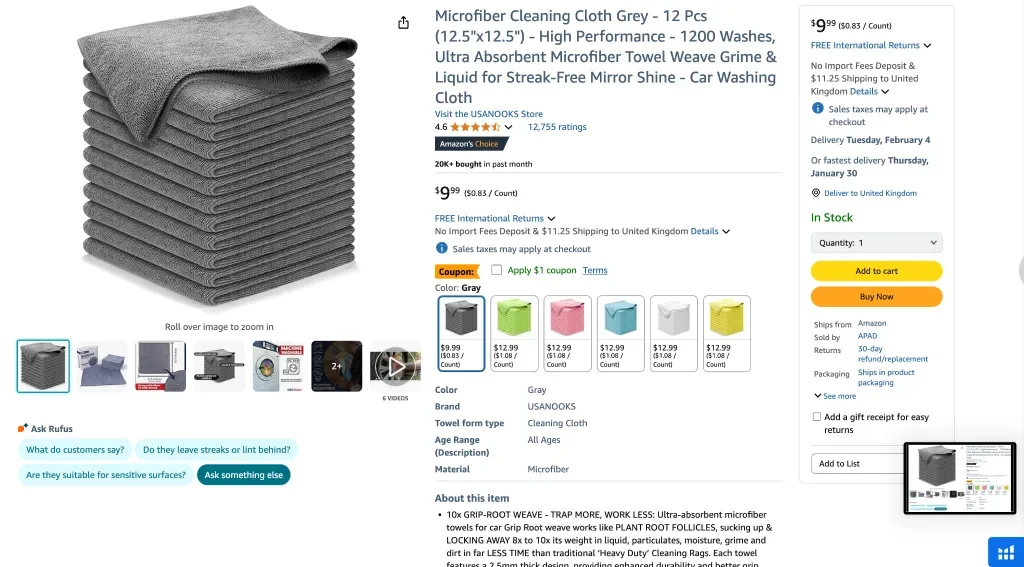 Amazon screenshot of Microfiber cleaning cloth grey - 12 pcs