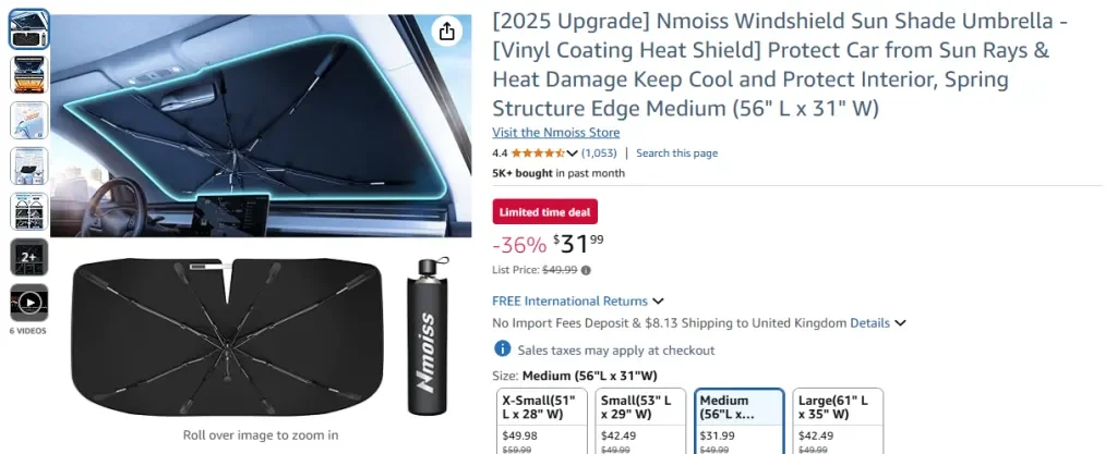 Amazon screenshot of Nmoiss Windshield Sun Shade Umbrella – 2025 Upgrade