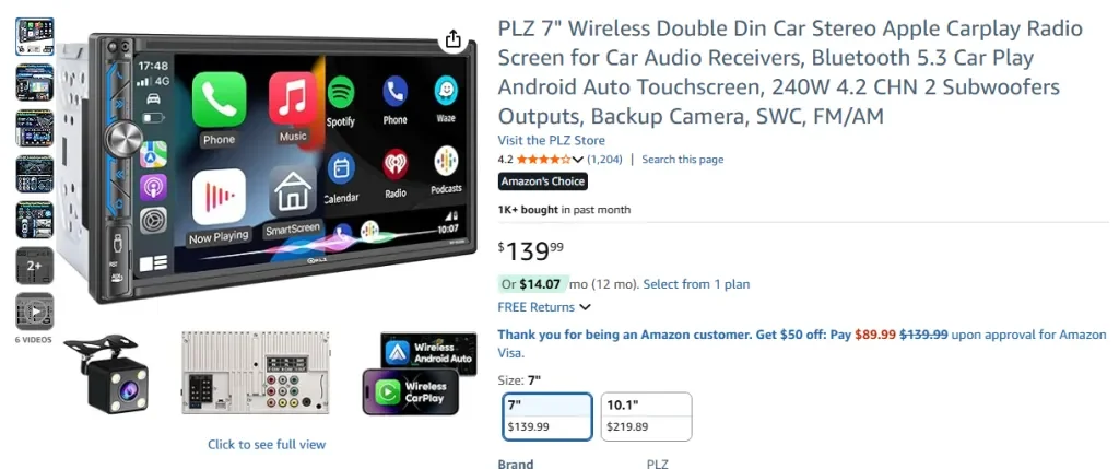 Amazon screenshot of PLZ 7 Wireless Double Din Car Stereo with Apple CarPlay & Android Auto