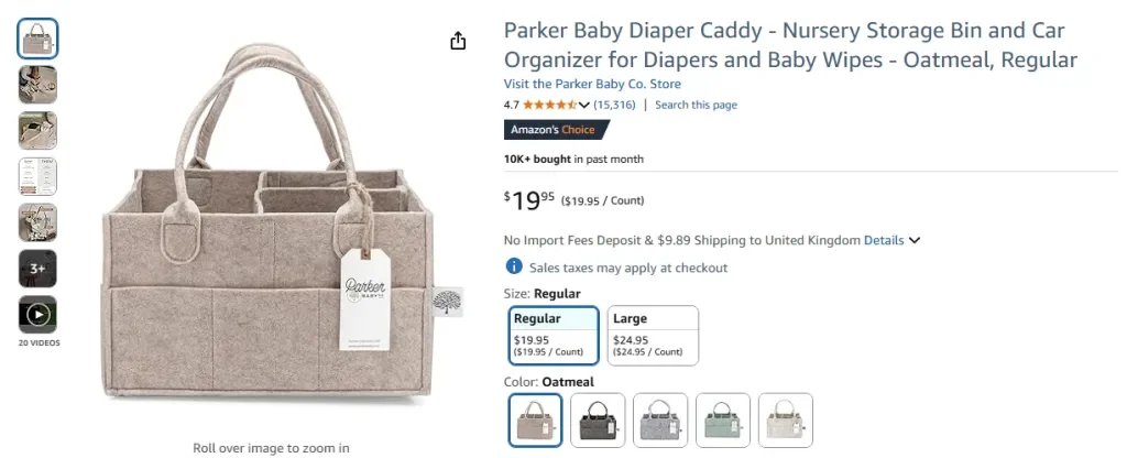 Amazon screenshot of Parker Nursery Storage Bin and Car Organizer