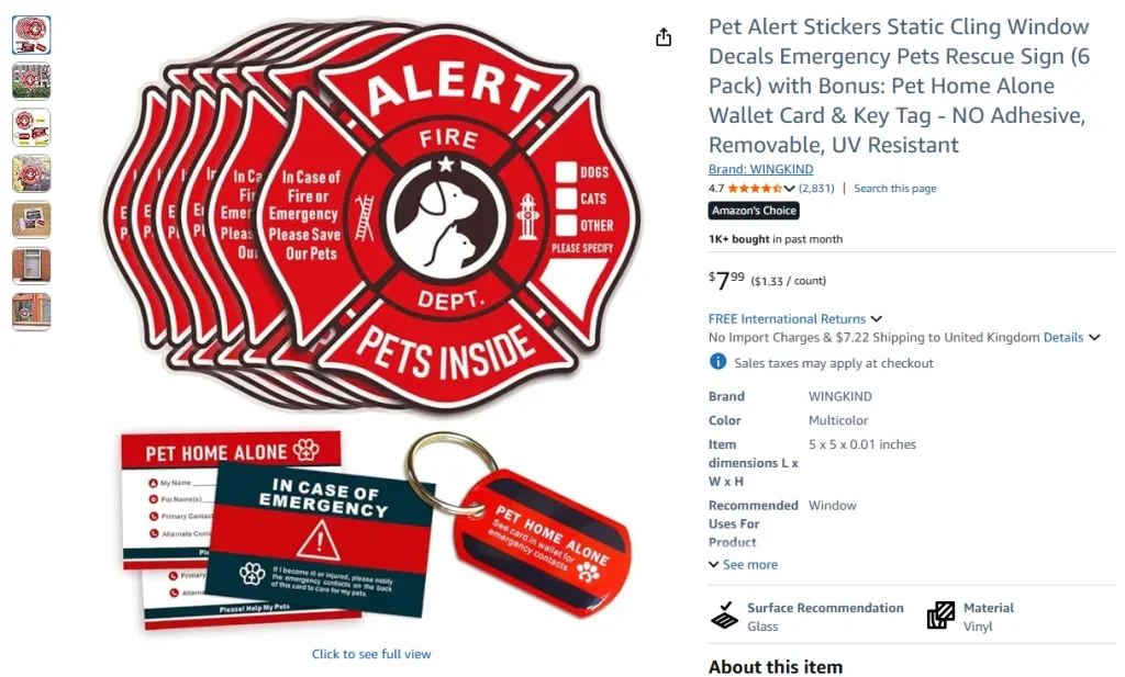 Скриншот Amazon: наклейки Pet Alert, статические, наклейка на окно