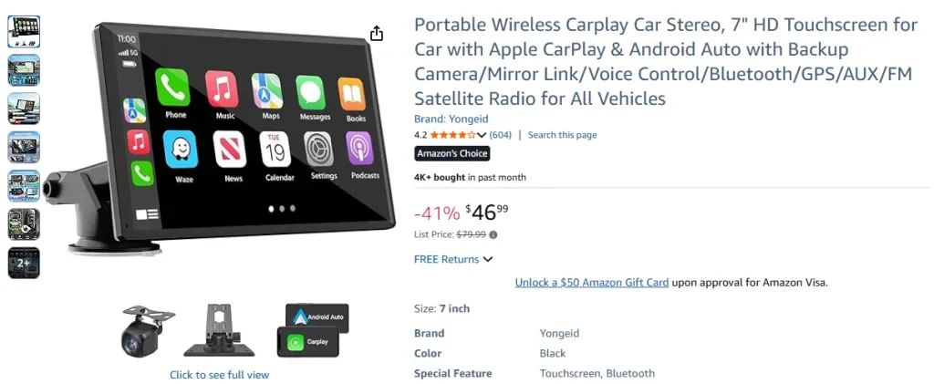 Amazon screenshot of Portable Wireless Carplay Car Stereo, 7 HD Touchscreen by Yongeid