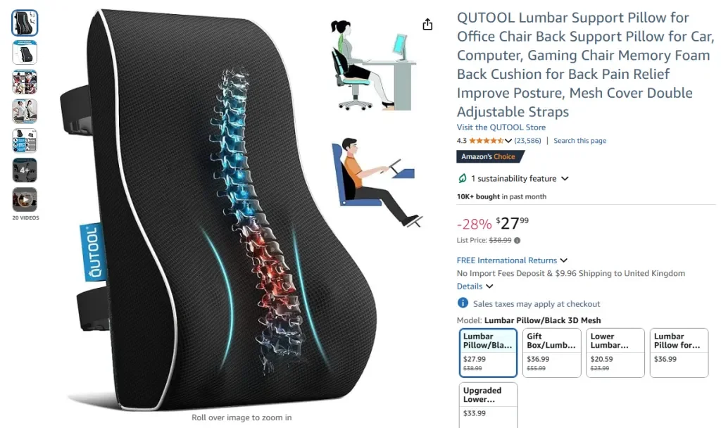 Amazon screenshot of QUTOOL Lumbar Support Pillow for Office Chair