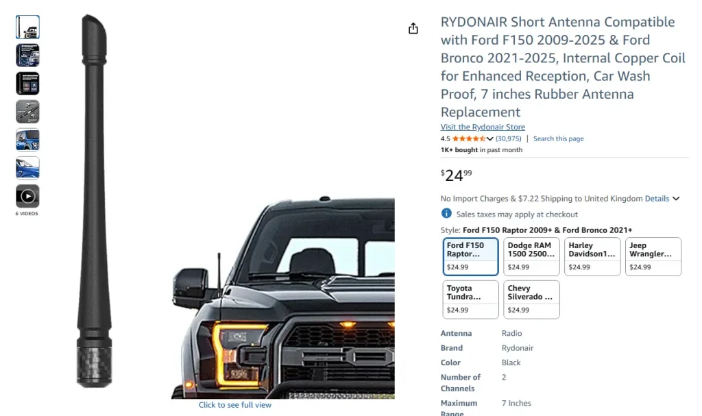 Amazon screenshot of RYDONAIR Short Antenna Compatible with Ford F150