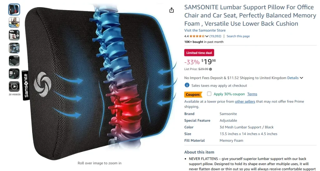 Amazon screenshot of SAMSONITE Lumbar Support Pillow for Office Chair and Car Seat