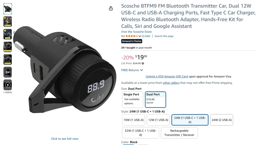 Amazon screenshot of Scosche BTFM9 FM Bluetooth Transmitter Car