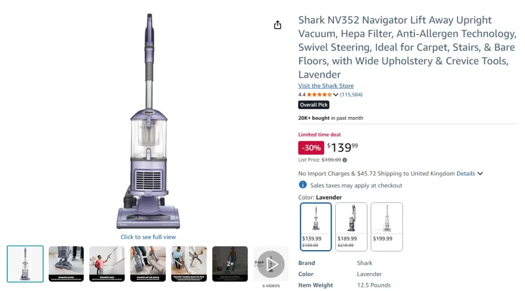 Amazon screenshot of Shark NV352 Navigator Lift Away Upright Vacuum with HEPA Filter and Swivel Steering