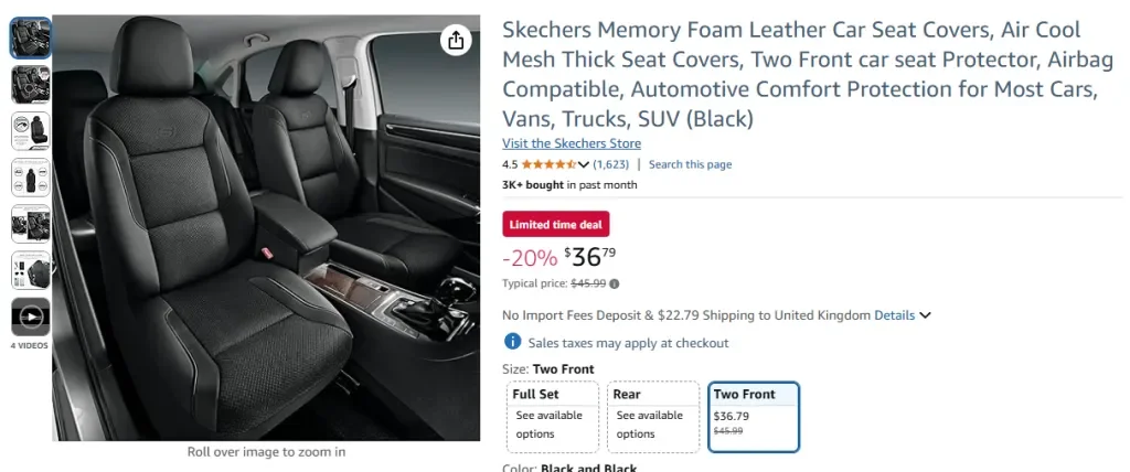 Captura de pantalla de Amazon de las fundas para asientos de coche de cuero con espuma viscoelástica de Skechers
