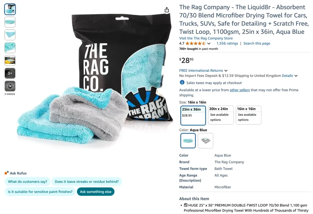 Amazon screenshot of The rag company - the liquid8r microfiber towel