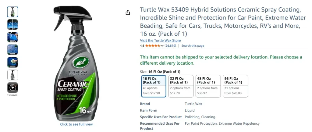 タートルワックス ハイブリッドソリューションズ セラミックスプレーコーティングのAmazonスクリーンショット