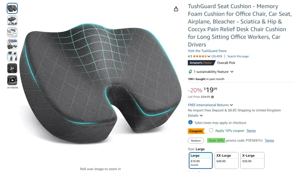 Amazon screenshot of TushGuard Seat Cushion - Memory Foam for Office and Travel