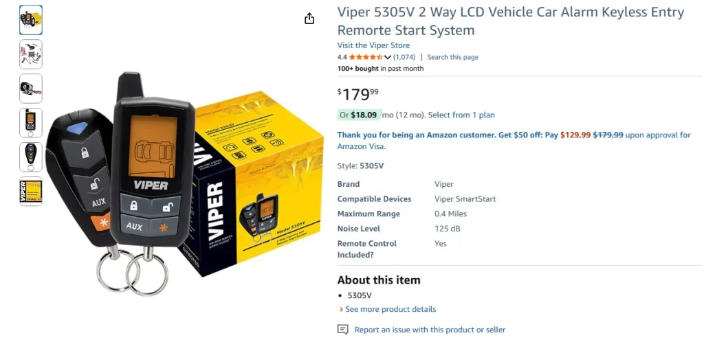 Скриншот Amazon: автомобильная сигнализация Viper 5305V с ЖК-дисплеем и двусторонним доступом, система дистанционного запуска