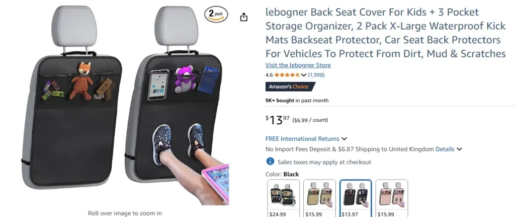 Captura de pantalla de Amazon de la funda para asiento trasero infantil Lebogner + 3 bolsillos de almacenamiento