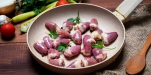 Caraway pan with chicken hearts and herbs inside