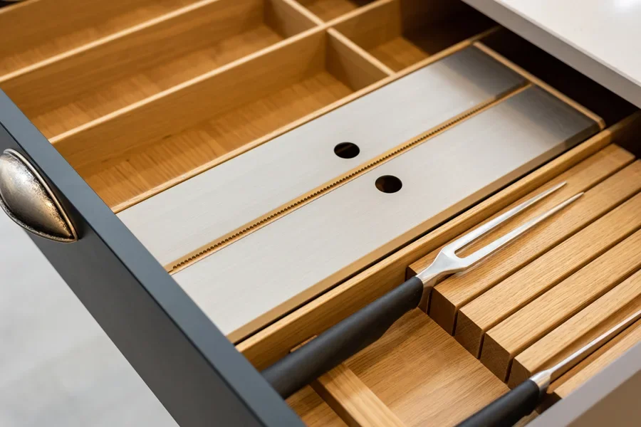 Customized cutlery drawer with compartments and slots for knives