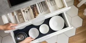 Drawer in kitchen with modern silverware organizer inside