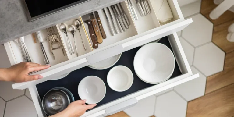 Drawer in kitchen with modern silverware organizer inside