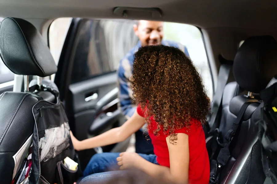Little girl sitting in the car with a car organizer attached to the seat in front of her