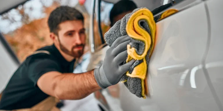 Mann wischt weißes Auto nach dem Waschen mit einem Lappen in der Autowaschanlage ab