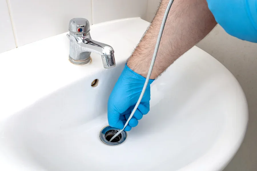 Man using thin drain snake on bathroom sink