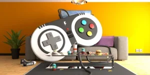 Salle de jeux en désordre avec des collations, des baskets et une manette de jeu