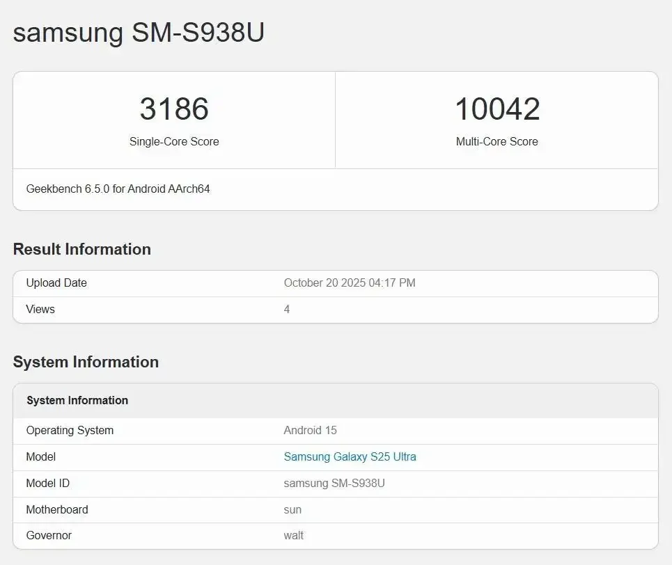 Samsung Galaxy S25 Ultra's Geekbench scores (Source: Geekbench)