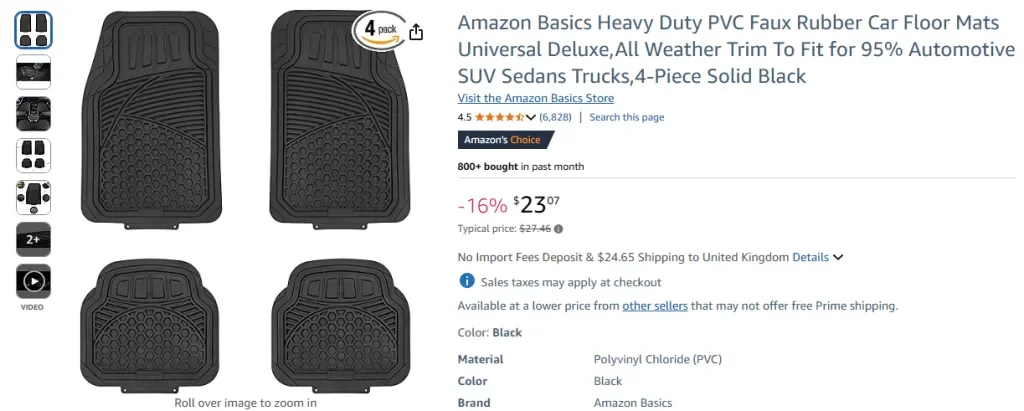 Captura de pantalla de alfombrillas de goma sintética de PVC resistentes para coche de Amazon Basics