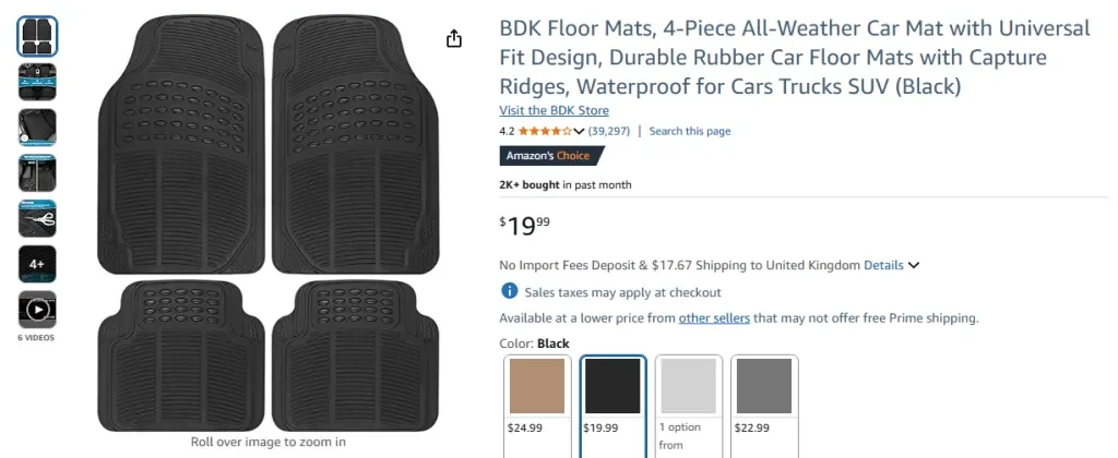 Captura de pantalla de las alfombrillas universales para coche BDK de 4 piezas para todo tipo de clima