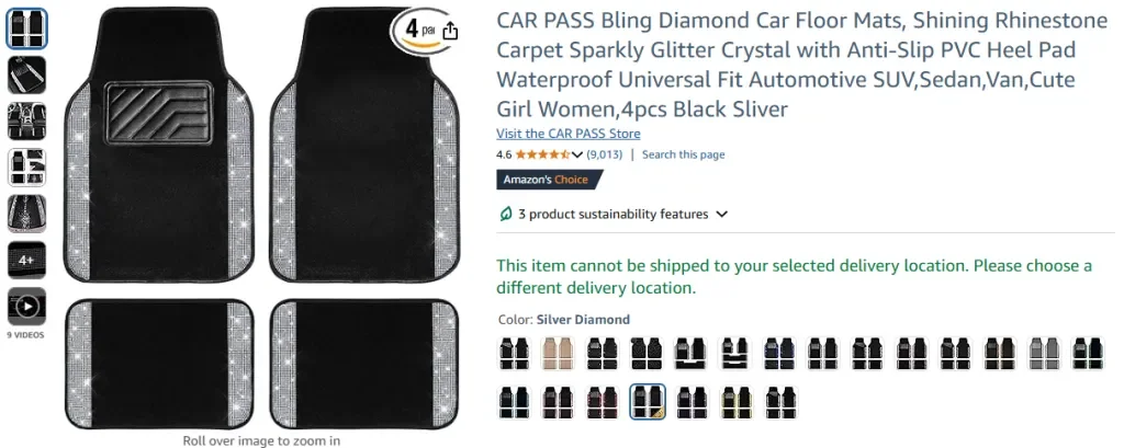 Captura de pantalla de las alfombrillas para coche CAR PASS Bling Diamond